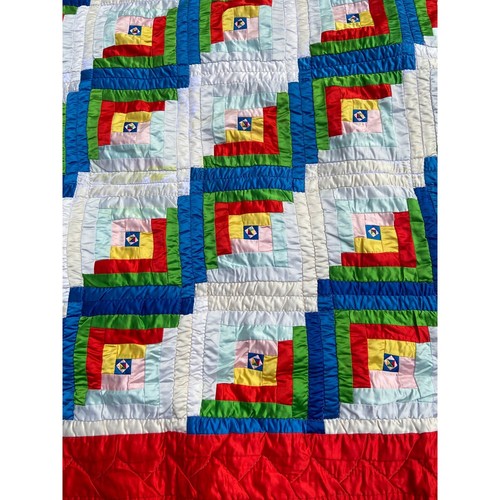 Vintage Log Cabin Rainbow Satin Quilt - Approximately Full Size - Picture 4 of 9