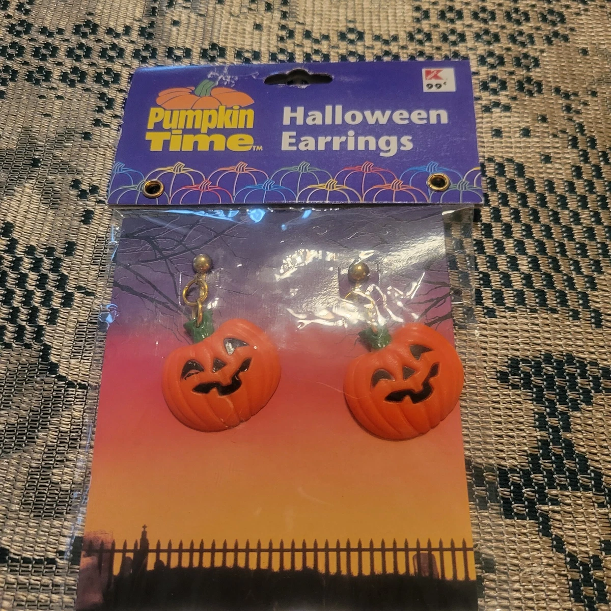 Vtg KMART PUMPKIN TIME JACK O LANTERN CLIP ON EARRINGS PLASTIC SEALED NOS