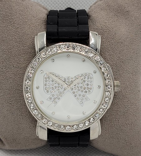 Ladies Casual Round Studded Bow Dial Silver Tone Black Poly Band Analog Watch J6 - Picture 5 of 9