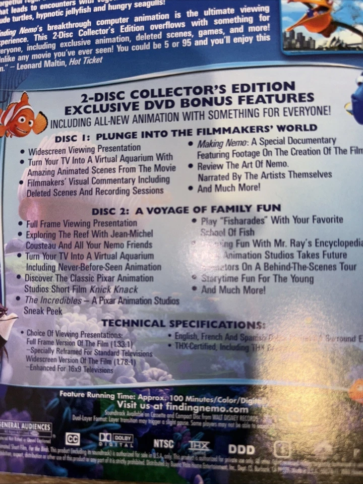 Finding Nemo DVD 2 Disc Collector's Edition Walt Disney LIKE NEW DISCS ONLY - image 2 of 2