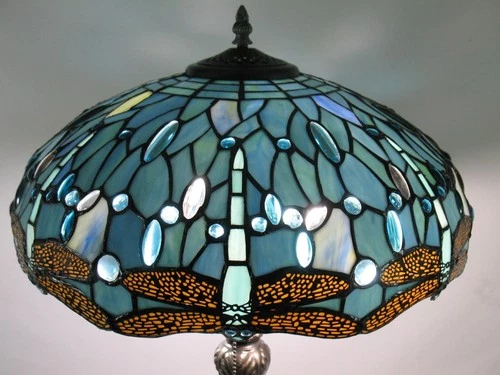 15" Vtg Tiffany Style Multi-Colored Dragonfly Stained Glass Lamp Shade (Jeweled)