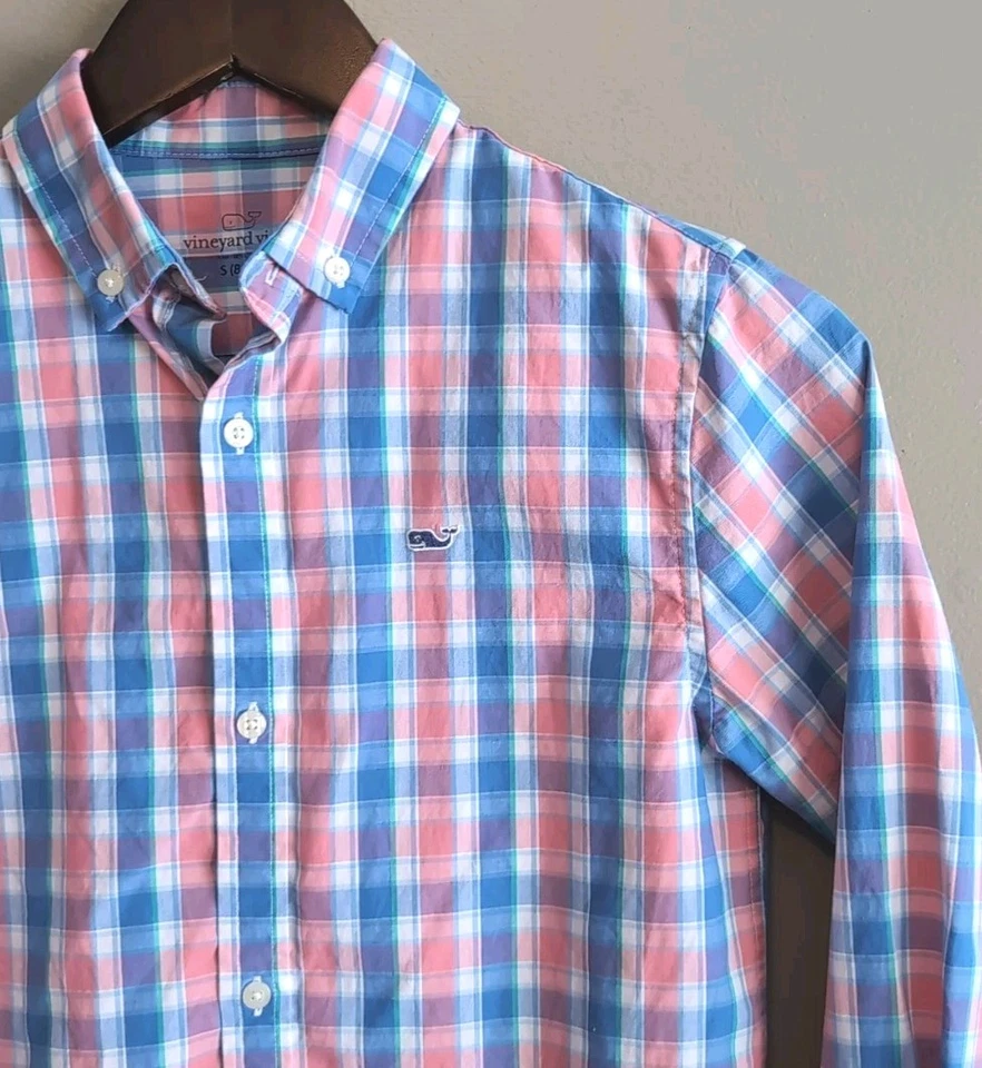 Vineyard Vines Size Small Button Down Shirt Boys 8-10 Pink Blue Plaid Dress - Image 3 of 4