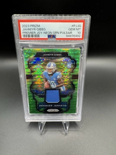 2023 Panini Prizm Premier Jerseys - Jahmyr Gibbs RC Neon Green Pulsar PSA 10