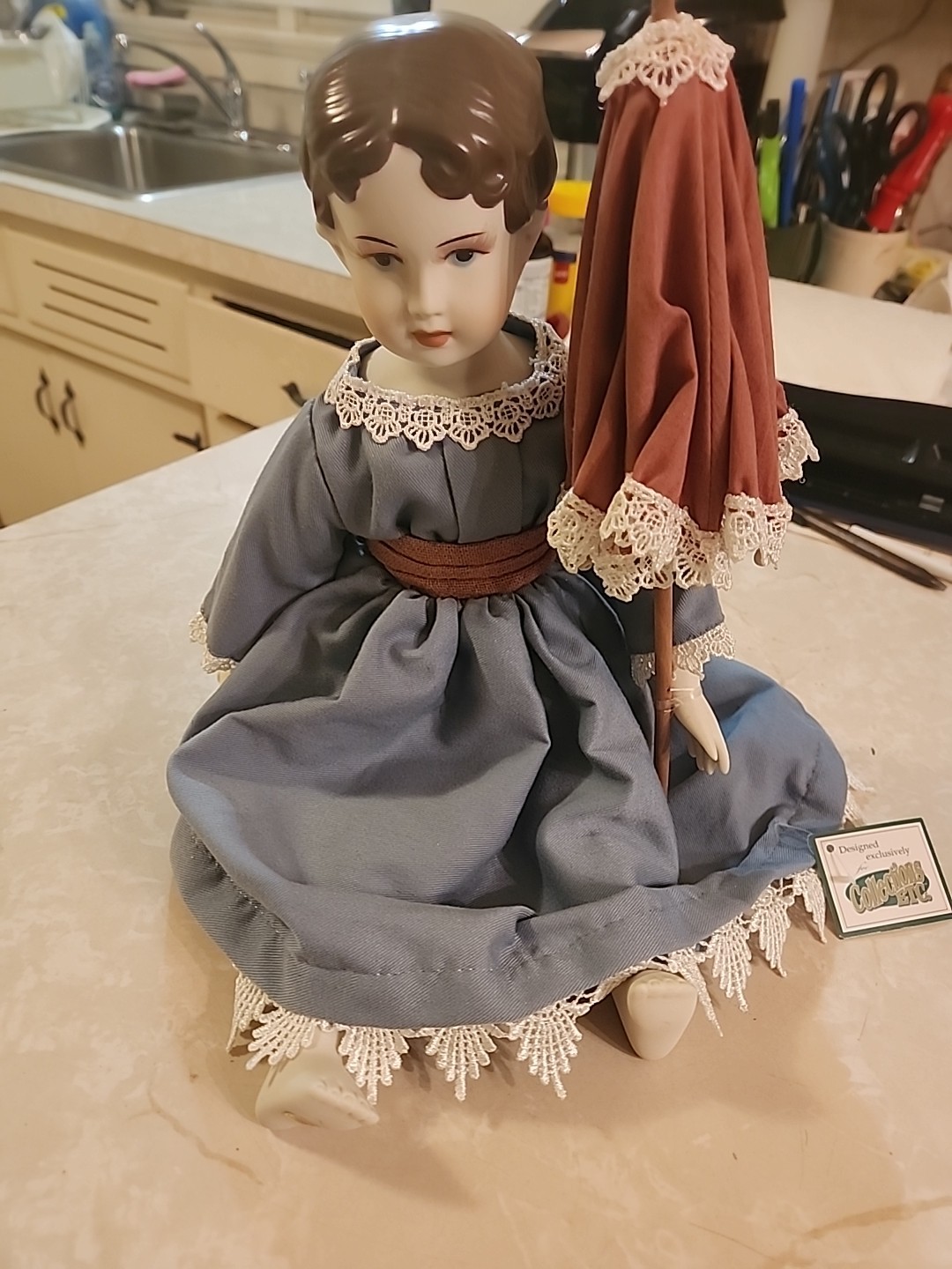 Victorian 16&rdquo; Porcelain Doll w blue Dress & burgundy Paras