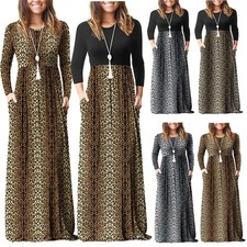 Women's Long Sleeve Leopard Print Maxi Dress Crew Neck Casual Long Dress Pockets