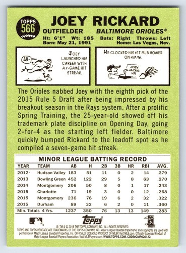 Joey Rickard 2016 Topps Heritage #566b Baltimore Orioles - Picture 2 of 2