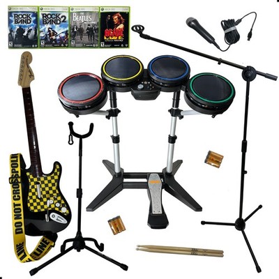 Xbox 360 Rock Band Bundle - Drum Upgrade w/ MESH Heads - Guitar - Mic + MORE