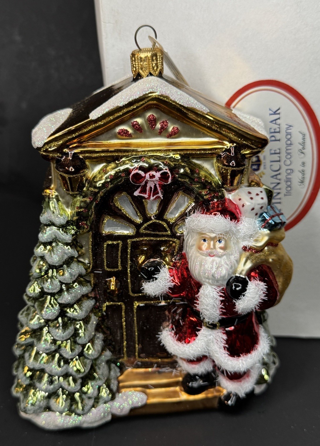 Pinnacle Peak Trading Santa Is Here Polish Glass Christmas Ornament Double Sided