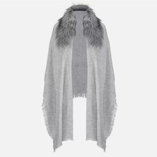 NWT CAbi Heavenly Wrap #4081 Knit Heather Gray Fringe Black Tipped Faux Fur NEW