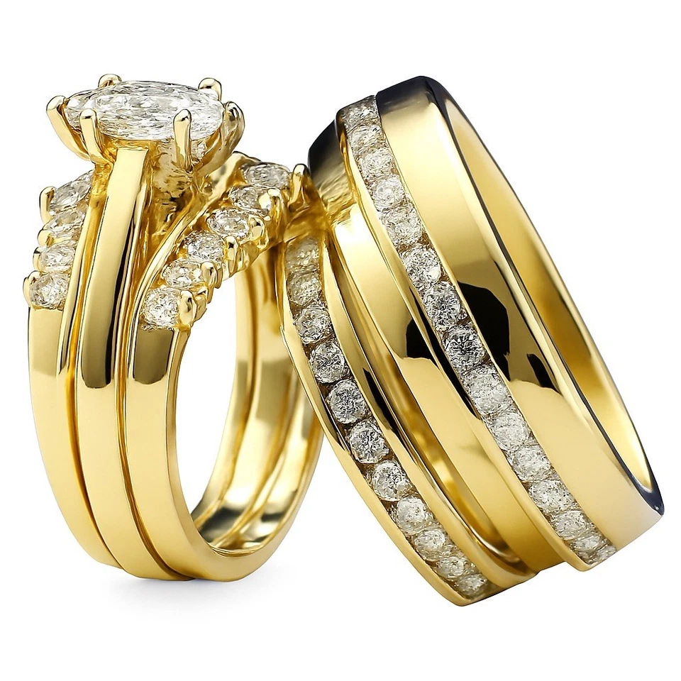 Juego de 4 anillos de compromiso de boda nupcial tono oro 14K circonita cúbica para él y ella Foto 3 de 4