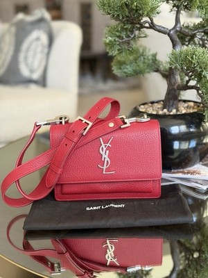 Saint Laurent YSL Flap Crossbody Bag Red & silver hardware Calfskin Leather smal