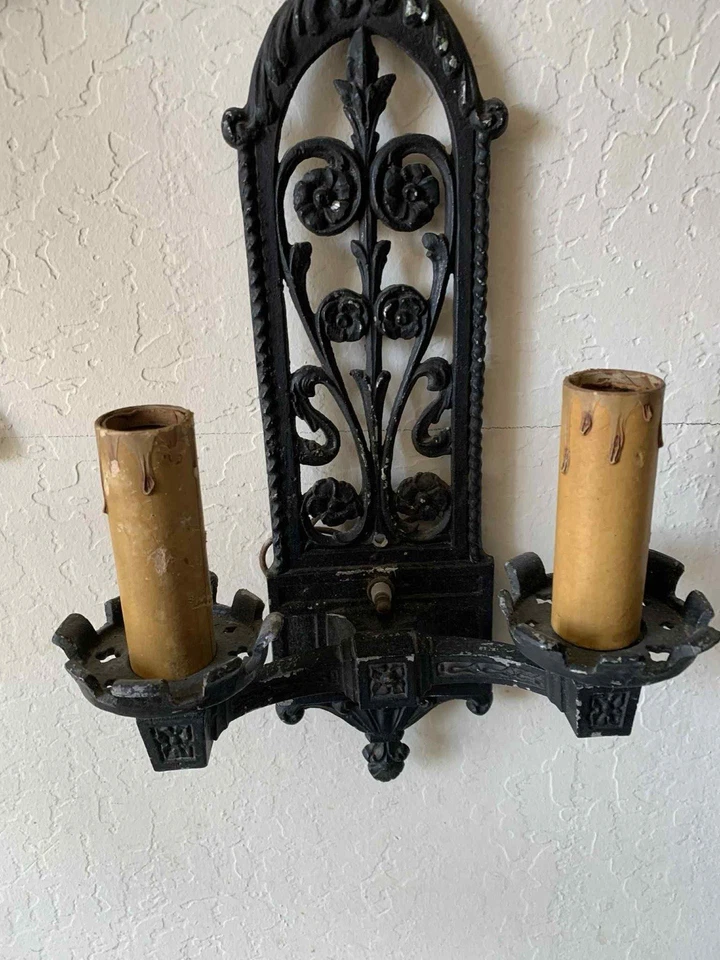 Set of 3 1920s Vintage Two Light Iron Wall Sconces 17” High - Image 2 of 4