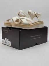 Vionic Mar Pewter Leather Strappy Sandal Arch Support Women's Cream size 8M