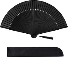 Hand Held Bamboo Silk Folding Fan, Chinese Japanese Handheld Fan with Black