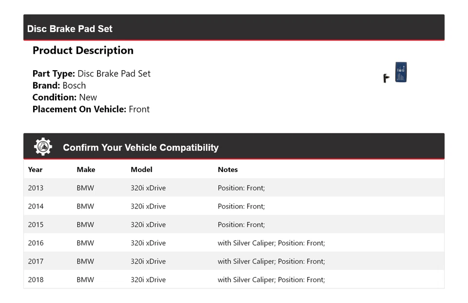 适用于 2013 - 2018 宝马 320i xDrive 博世半金属刹车片带 Hdw 前 2014 — 第 2/4 张图片