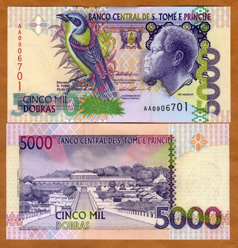 St Thomas & Prince 5000 (5,000) Dobras, 1996, P-65a, AA-Prefix UNC Bird