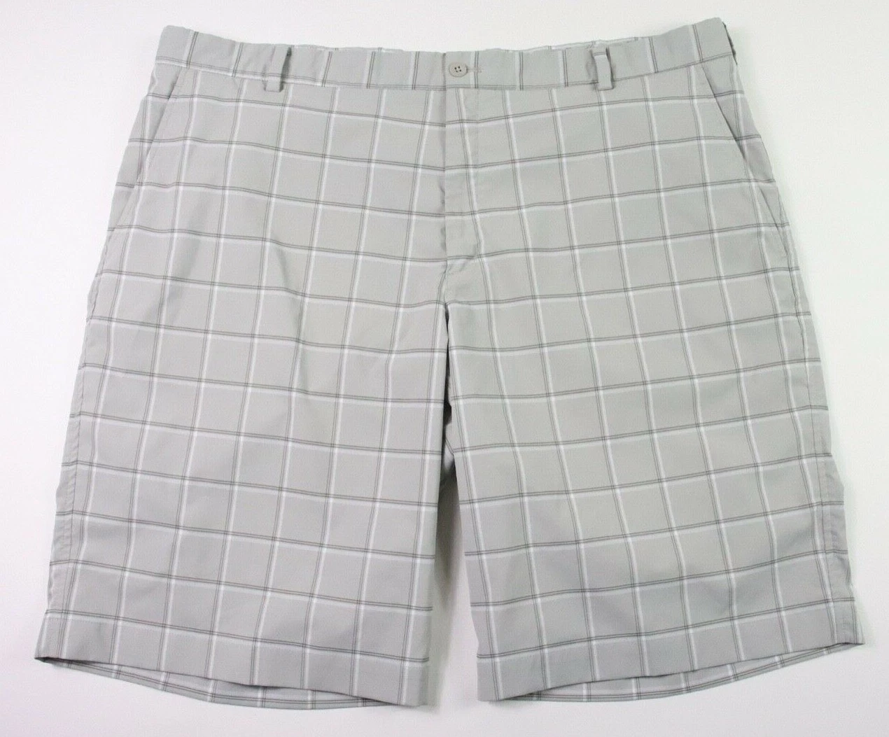 Pantaloncini chino Nike da uomo a plaid golf standard Dri Fit anteriori piatti taglia 42 grigio euc