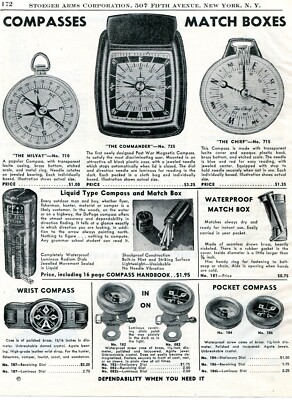 1949 Print Ad of Compasses Milvay, Commander, Chief, Marble Wrist, Match Box
