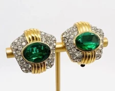 NINA RICCI Deep Green & Pave Set Rhinestone Earrings Signed Vintage Jewelry