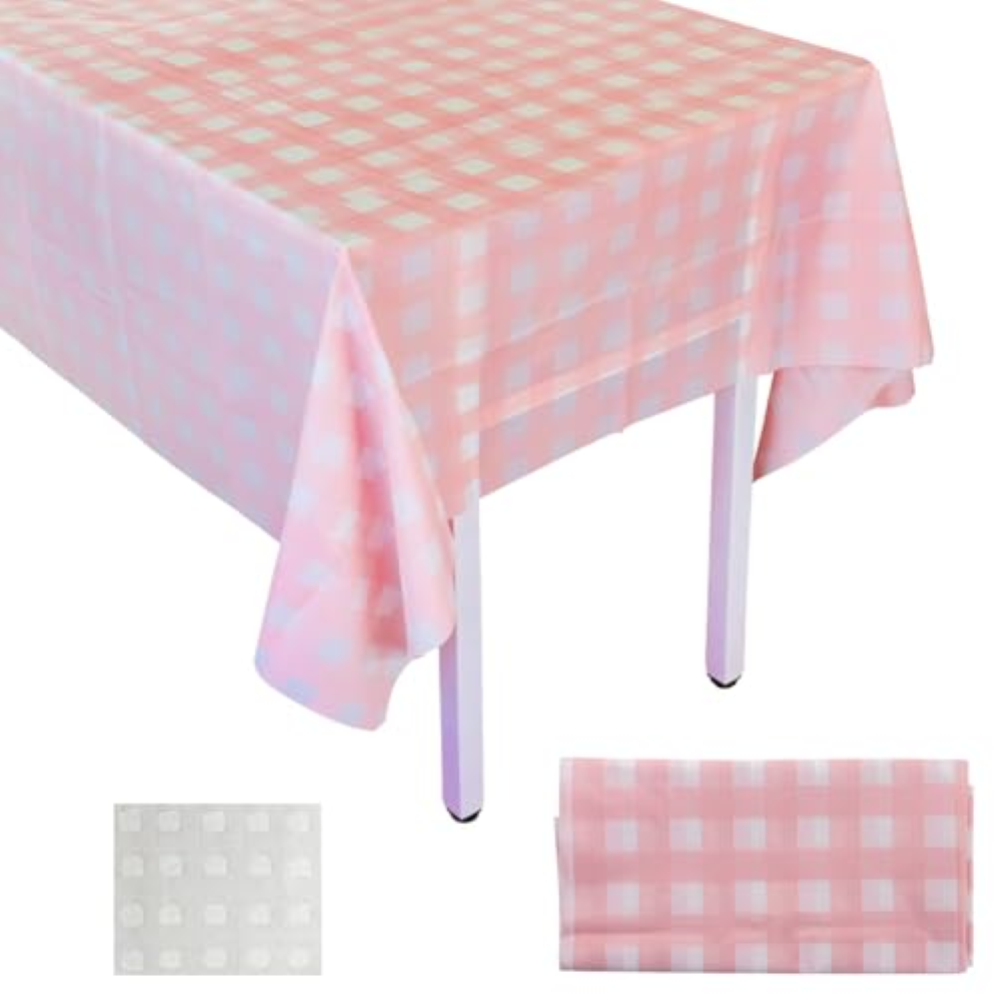 Tovaglia a quadri, rosa, bianca, usa e getta, in plastica, usa e getta, con band