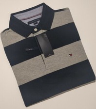 Image of TOMMY HILFIGER Men's THFLEX Slim Fit Block Stripe Polo T-Shirt In Navy/Grey