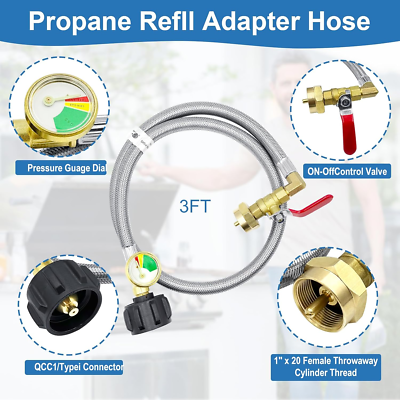 Unbranded Propane Tank Adapter – 1 Lb To 20 Lb Refill Kit With Gauge & Valve