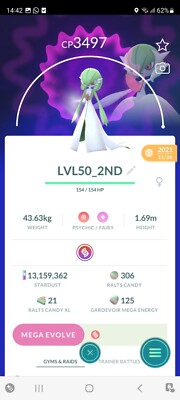 PVP BEAST!   LVL50 PURIFIED GARDEVOIRw/2ºMOVE!!   - PKMN GO!!! - NOT REGISTERED!