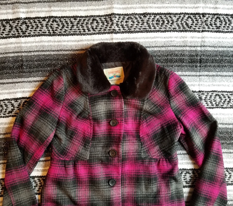 Flying Tomato Sz M Soft Wool Blend Trench Coat Jacket Pink Black Plaid Faux Fur - Image 2 of 4