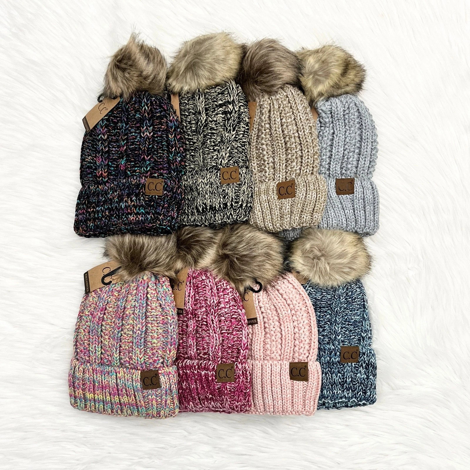 C.C Mix Knit Pom Premium Lined Beanies for Adults, Winter Hats, Premium WarmHats