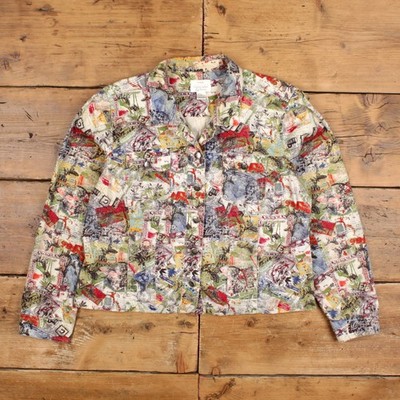Vintage Christopher & Banks Jacke L Damen Beige Baumwollmischung Grafik Shirt