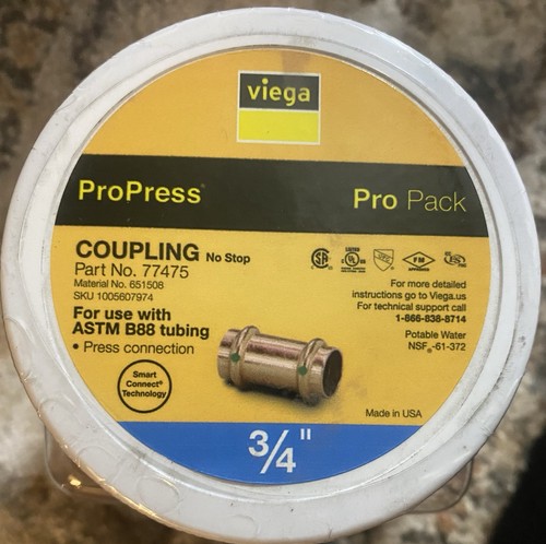 Viega 77475, ProPress 3/4-in. Press Copper Coupling Fitting (10-Pack w/ No Stop)