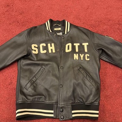Schott NYC Logo Leather Varsity Jacket Blouson Men Size M Black Genuine