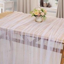 Pearl Table Runner 60 x 120 Inch Wedding Table Decor White Tulle Fabric Lace
