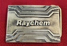 Vintage 1978 Raychem Electronics BTS Solid Brass Belt Buckle Made In USA