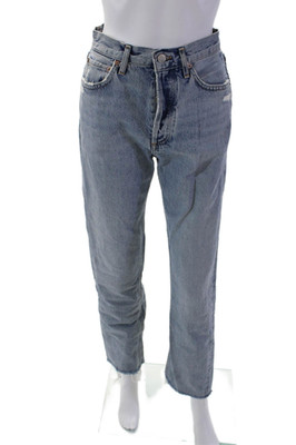 Agolde Womens Button Fly High Rise Distressed Fringe Jeans Blue Denim Size 25