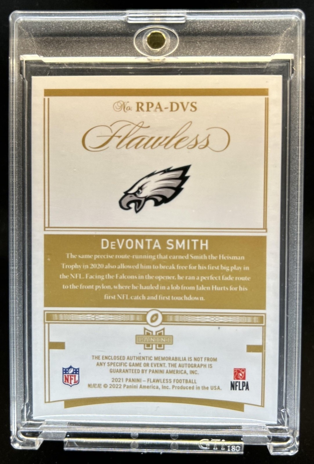 2021 Panini Flawless DeVonta Smith Rookie Patch Auto Sapphire RC #/10 Eagles view 2