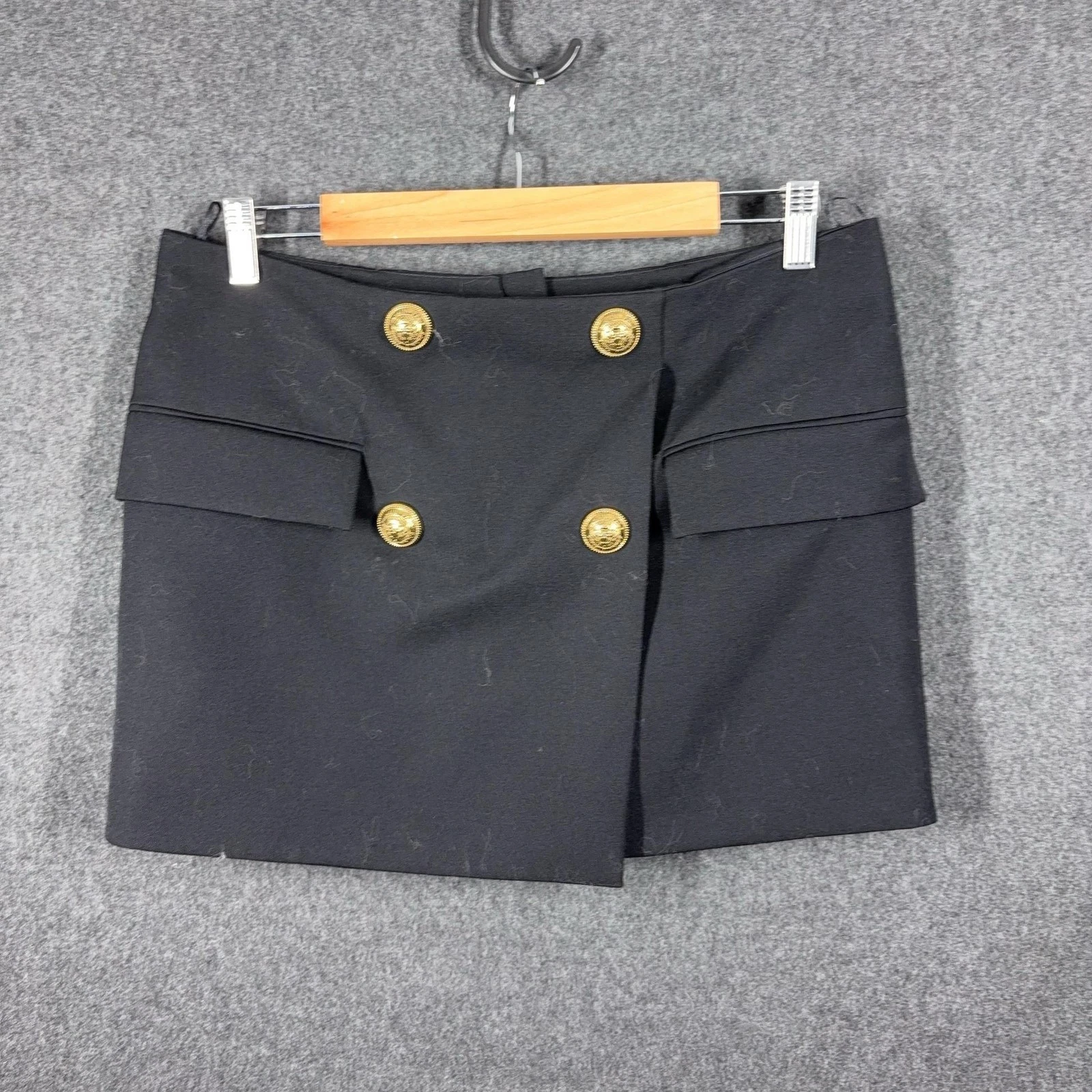 Balmain Skirt Womens EU 40 Black Wool Twill Wrap Mini Lined Gold Buttons Winter
