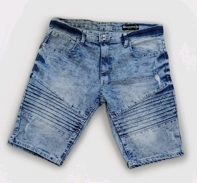 SP Essentials Slim Men's Denim Shorts Size 36 Blue Acid Wash Moto Ribbed Knees