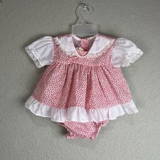 VTG Baby Clothes Dress Bloomer White/ Red Flower Lace Collar Puff Sleeve 9 Month