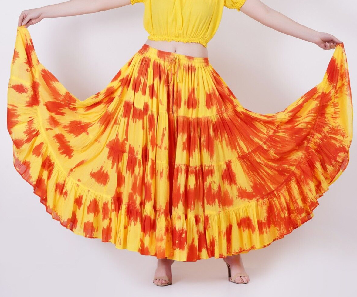 Maxi falda larga tie dye naranja amarilla fluida larga informal 100 % algodón...