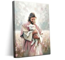 Jesus Embraces Lamb Canvas Wall Art The Lost 24x36in Canvas Jesus holding sheep