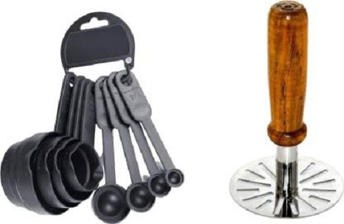 Stainless Steel Vegetable Potato Masher Wooden Handle 8 Pieces Measuring Cups - Bild 1 von 4