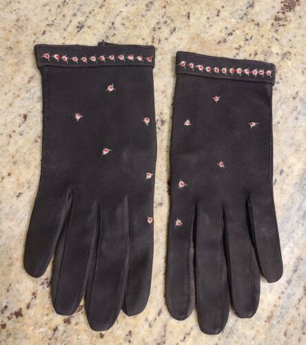 Vintage Size M 7 Brown Suede Leather 8" Formal Gloves Rose Embroidered France - Picture 1 of 16