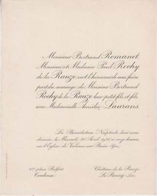1938 Heiratsurkunde Bertrand ROCHY de la RAUZE & Amédée LAURANS.