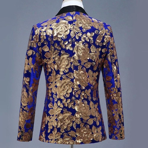 Men Sequin Shawl Lapel Suit Jacket Velvet Floral Blazer Wedding Prom Coat Tops - Picture 12 of 21