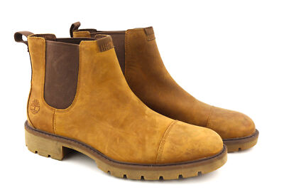 TIMBERLAND A26HY Men Boots UK7.5 Brown Leather Chelsea Pull On Almond Toe Logo