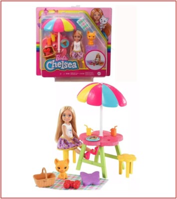 Barbie CHELSEA PICNIC Playset Table Umbrella Kitty Food Basket