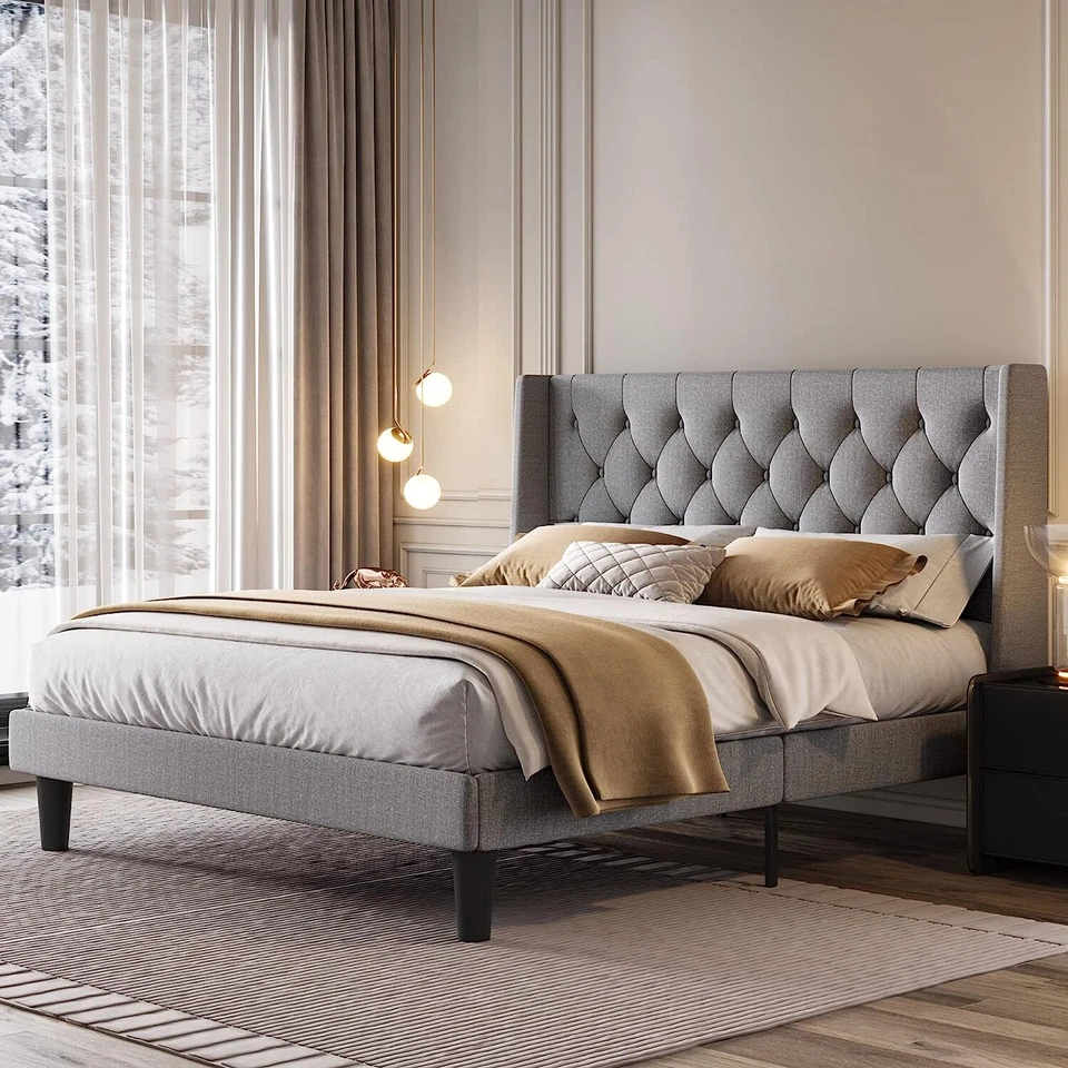 Queen Size Platform Bed Frame with Upholstered Headboard and Wingback,Light Grey - Image 2 of 4