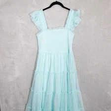 Baltic Born Midi Dress XL Mindi Tulle Light Blue Smocked Tiered Ruffle Milkmaid