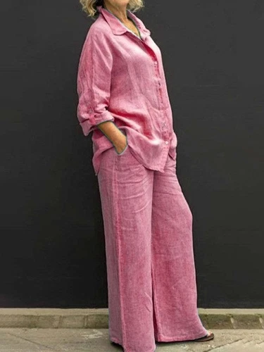 Damen Baumwolle Leinen Anzug Hemd Lockere Hose Set Langarm Freizeit Sets Sommer - Bild 24 von 32